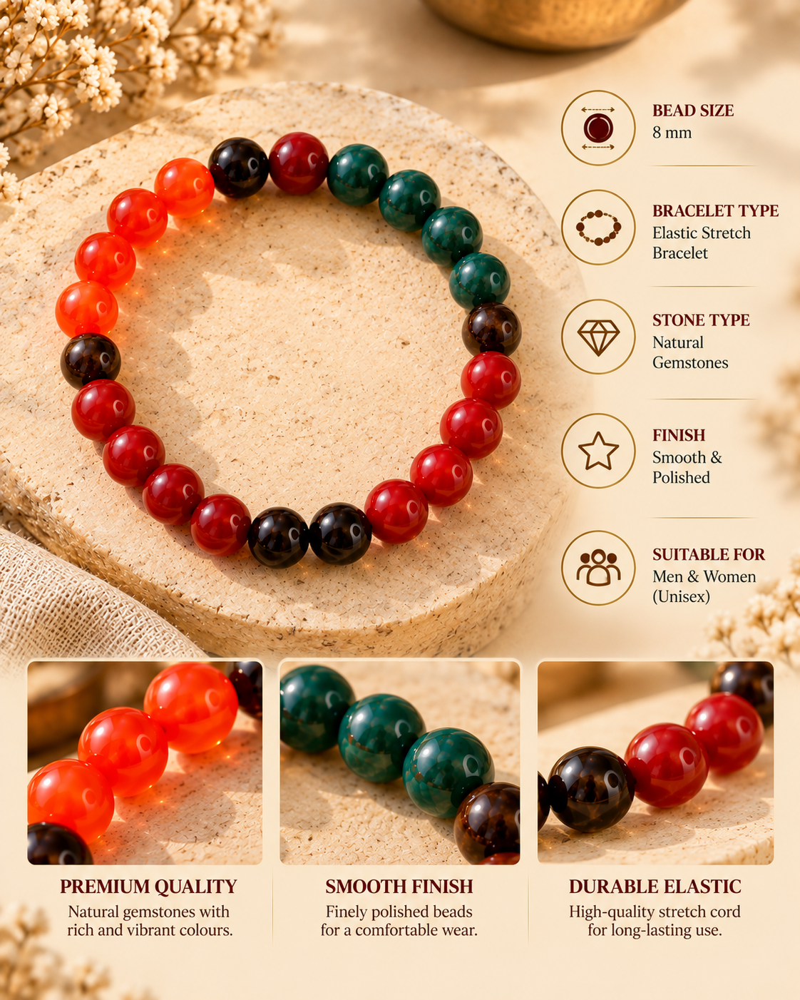Moolank 9 Bracelet – For Birth Dates 9, 18 & 27 | Garnet, Carnelian, Bloodstone, Red Obsidian & Red Jasper