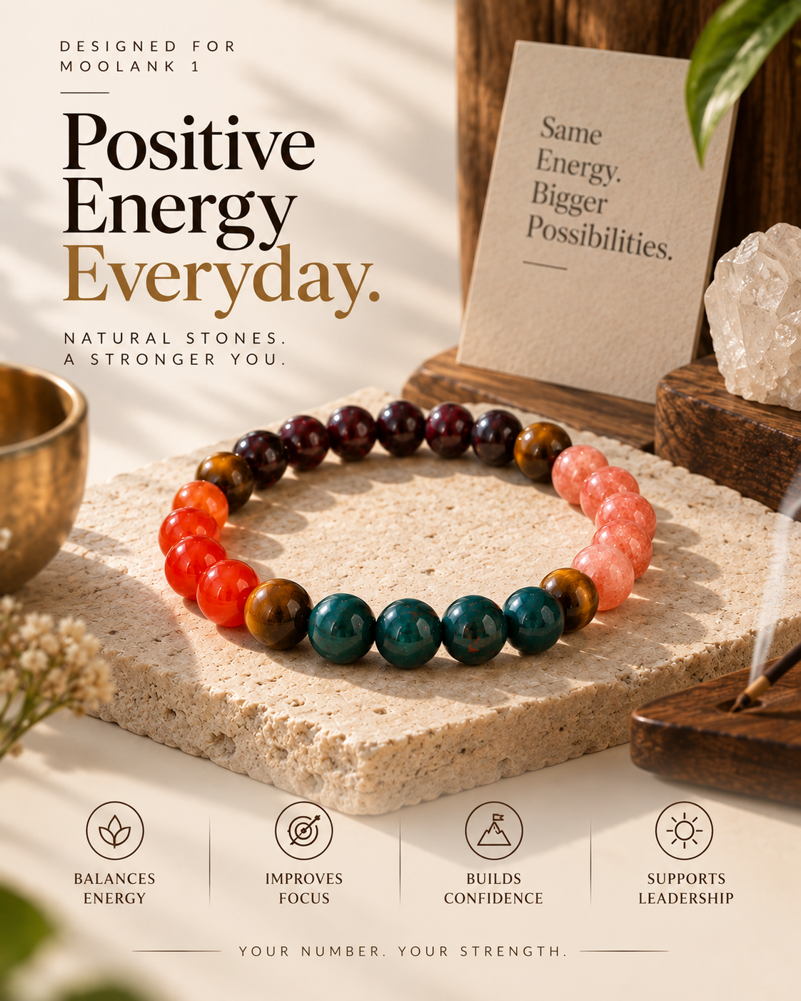 Moolank 1 Power Bracelet – For birth dates 1, 10, 19 & 28. | Sunstone, Carnelian, Bloodstone, Garnet & Tiger Eye