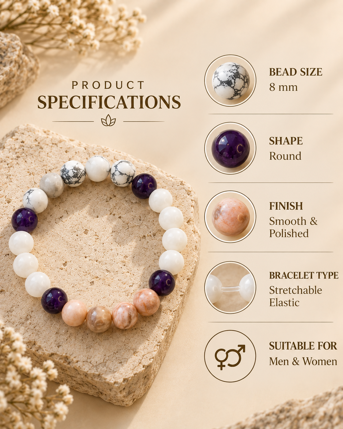 Moolank 2 Bracelet – for Birth Dates: 2, 11, 20 & 29 | Howlite, Amethyst, Moonstone & Mother of Pearl