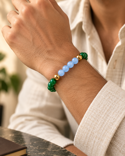 Moolank 5 Bracelet – For Birth Dates 5, 14 & 23 | Green Aventurine, Green Jade, Aquamarine & Golden Pyrite