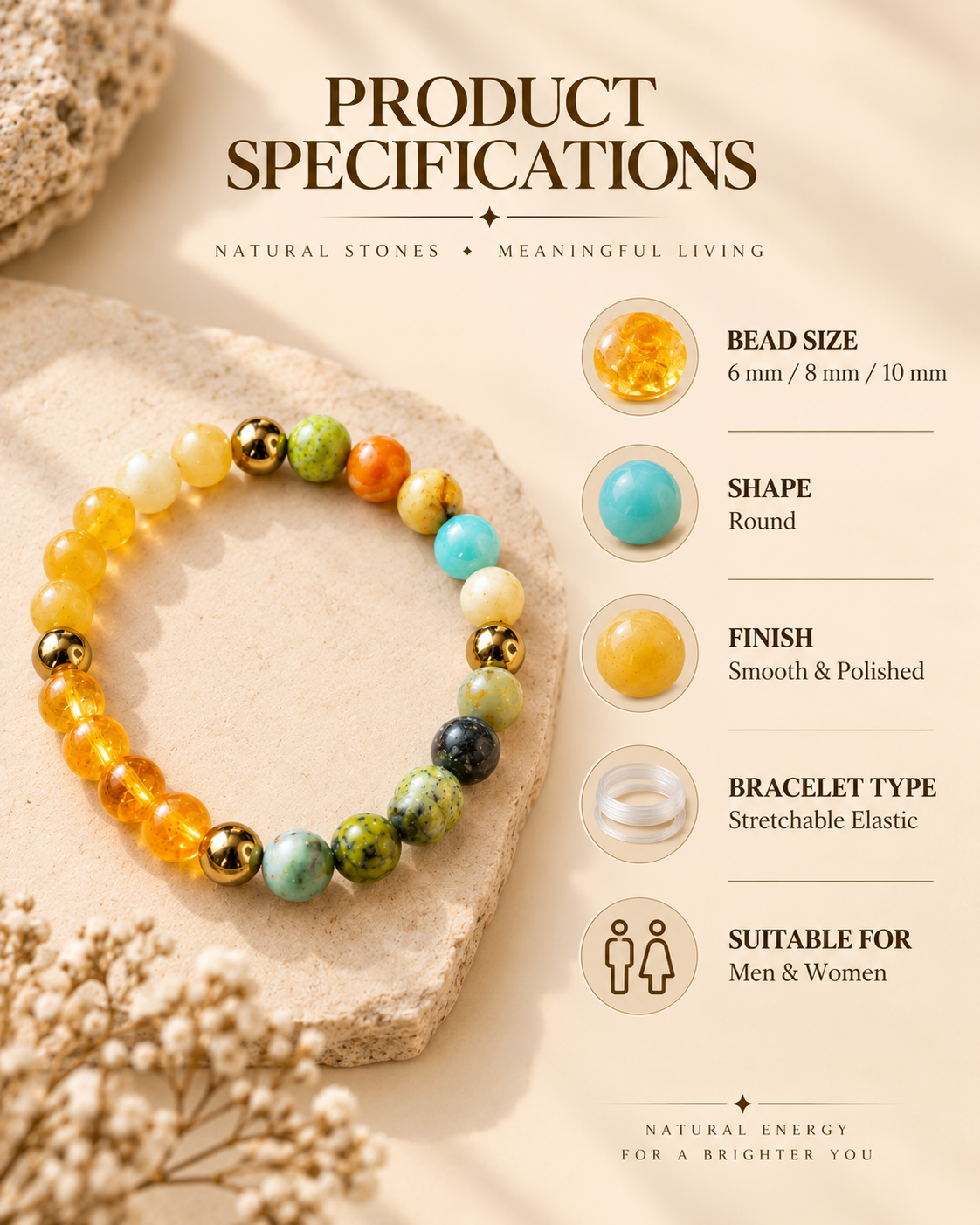 Moolank 3 Bracelet – For birth dates 3, 12, 21 & 30 | Citrine, Amazonite, Yellow Aventurine & Pyrite