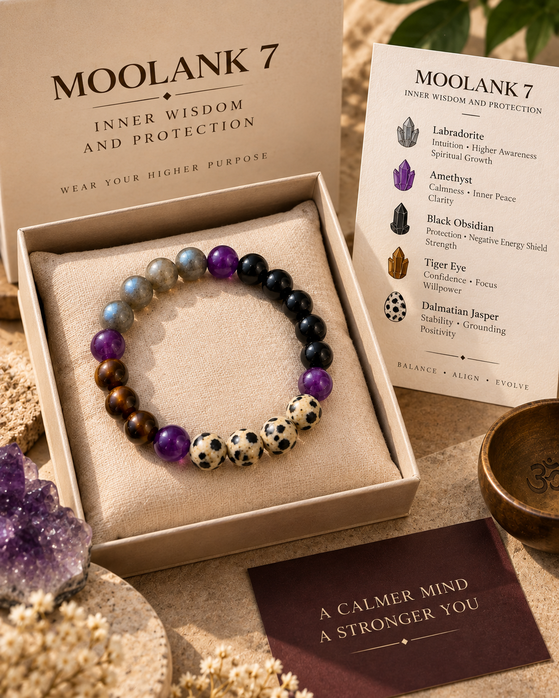 Moolank 7 Bracelet – For Birth Dates 7, 16 & 25 | Cat’s Eye, Black Obsidian, Smoky Quartz, Dalmatian Jasper & Amethyst