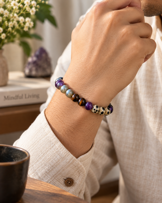 Moolank 7 Bracelet – For Birth Dates 7, 16 & 25 | Cat’s Eye, Black Obsidian, Smoky Quartz, Dalmatian Jasper & Amethyst