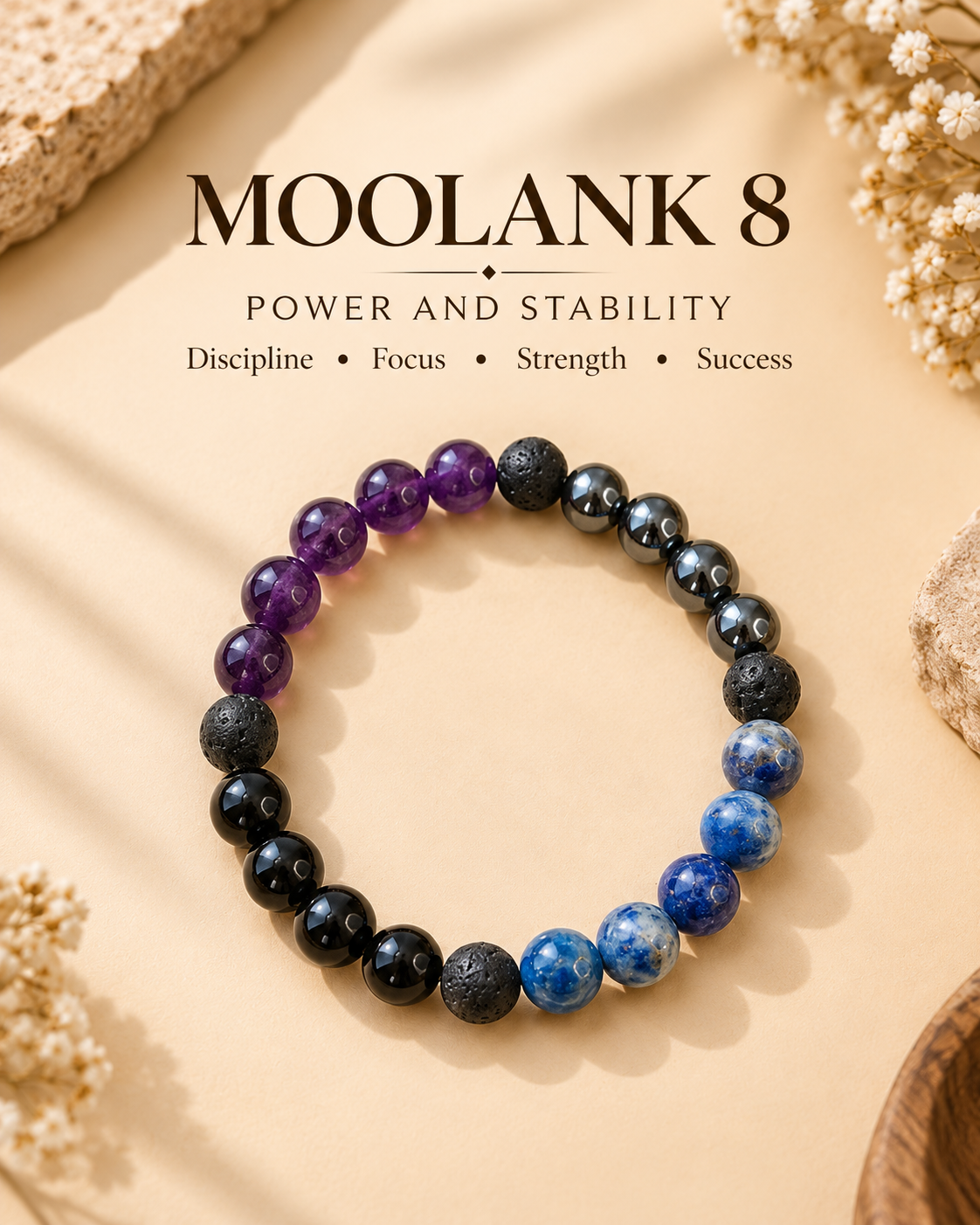 Moolank 8 Bracelet – For Birth Dates 8, 17 & 26 | Amethyst, Hematite, Black Obsidian, Lapis Lazuli & Lava Stone