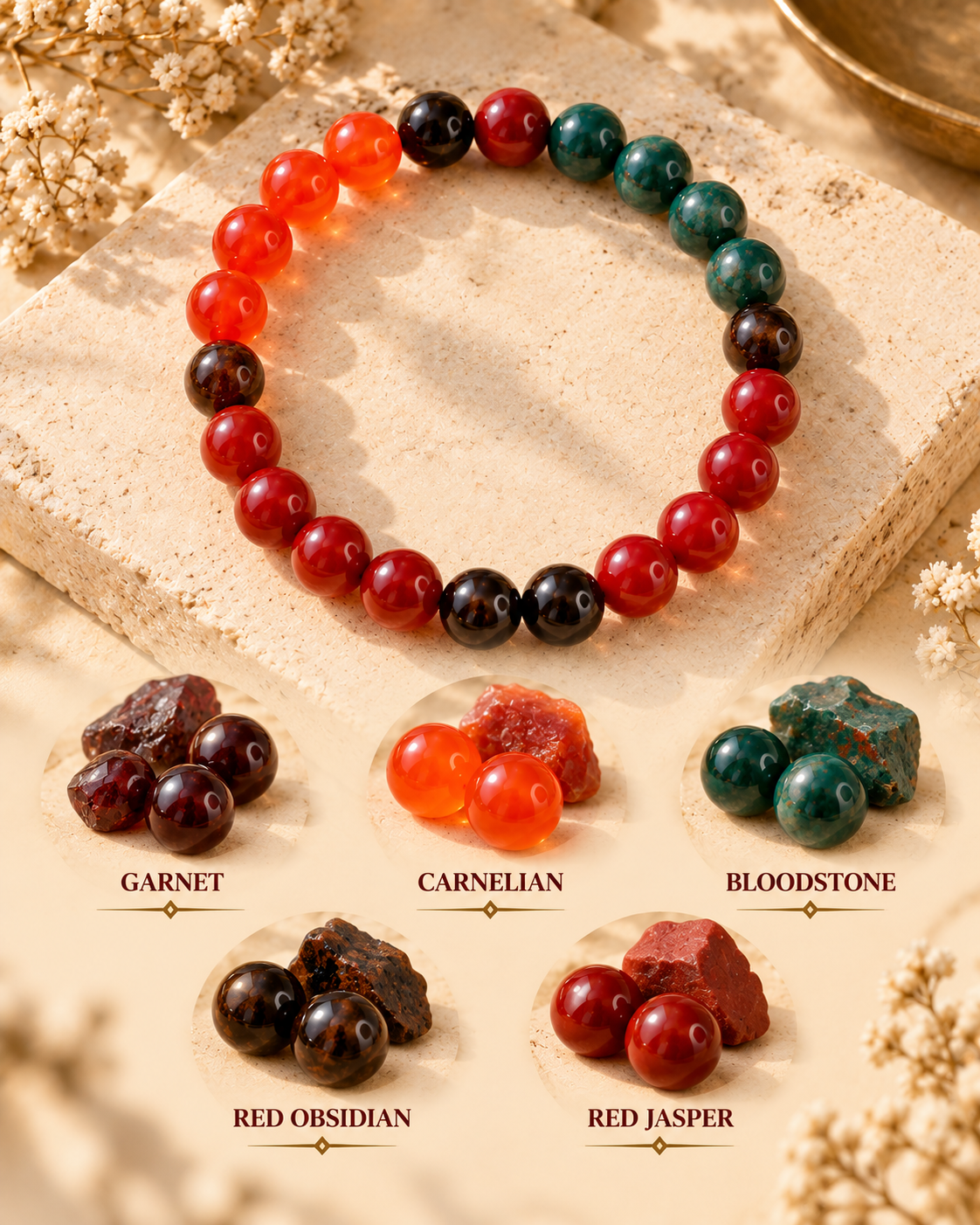 Moolank 9 Bracelet – For Birth Dates 9, 18 & 27 | Garnet, Carnelian, Bloodstone, Red Obsidian & Red Jasper