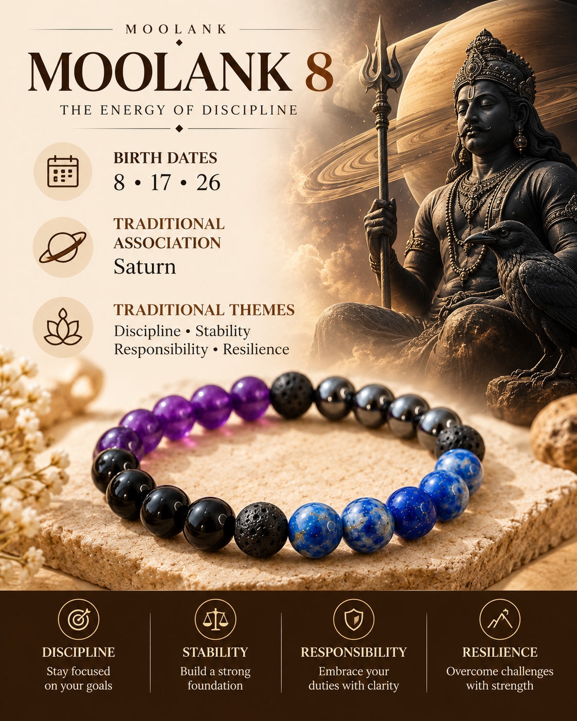 Moolank 8 Bracelet – For Birth Dates 8, 17 & 26 | Amethyst, Hematite, Black Obsidian, Lapis Lazuli & Lava Stone