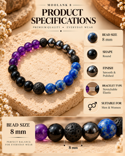 Moolank 8 Bracelet – For Birth Dates 8, 17 & 26 | Amethyst, Hematite, Black Obsidian, Lapis Lazuli & Lava Stone