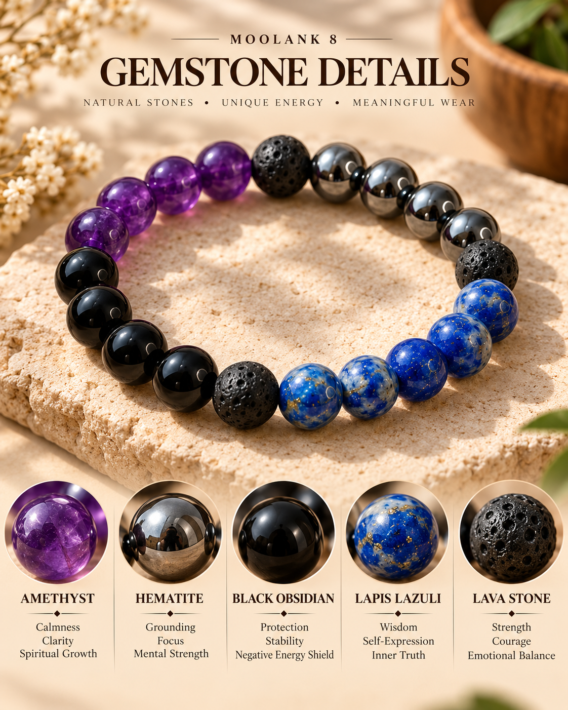 Moolank 8 Bracelet – For Birth Dates 8, 17 & 26 | Amethyst, Hematite, Black Obsidian, Lapis Lazuli & Lava Stone