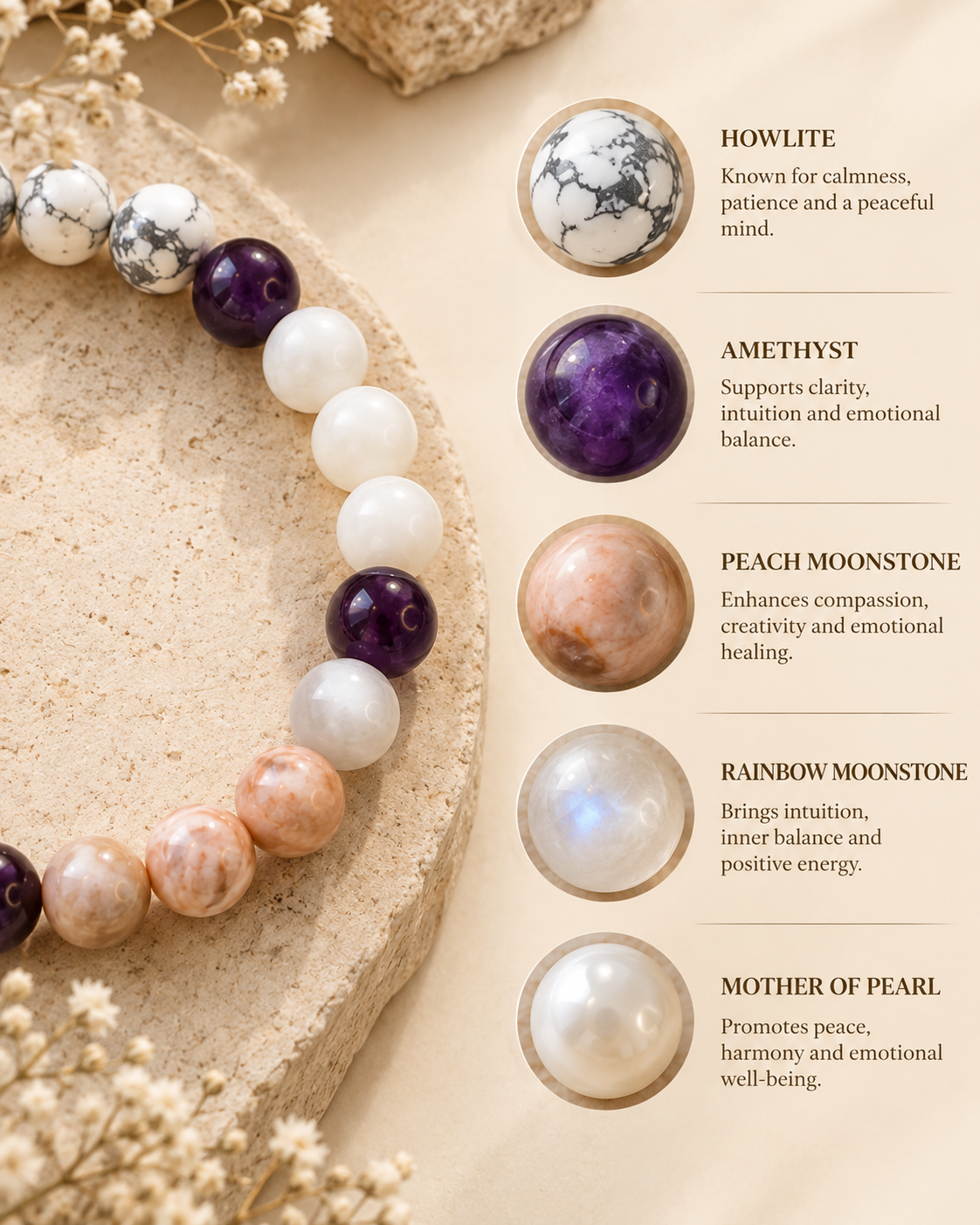 Moolank 2 Bracelet – for Birth Dates: 2, 11, 20 & 29 | Howlite, Amethyst, Moonstone & Mother of Pearl