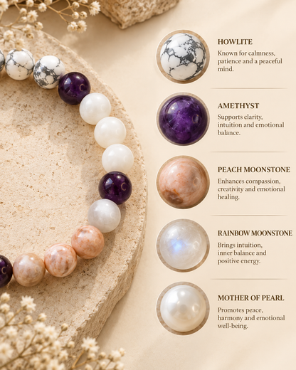 Moolank 2 Bracelet – for Birth Dates: 2, 11, 20 & 29 | Howlite, Amethyst, Moonstone & Mother of Pearl