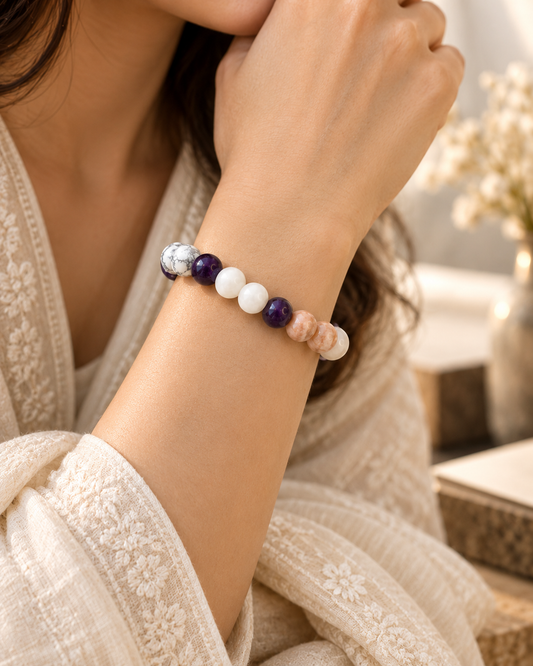 Moolank 2 Bracelet – for Birth Dates: 2, 11, 20 & 29 | Howlite, Amethyst, Moonstone & Mother of Pearl