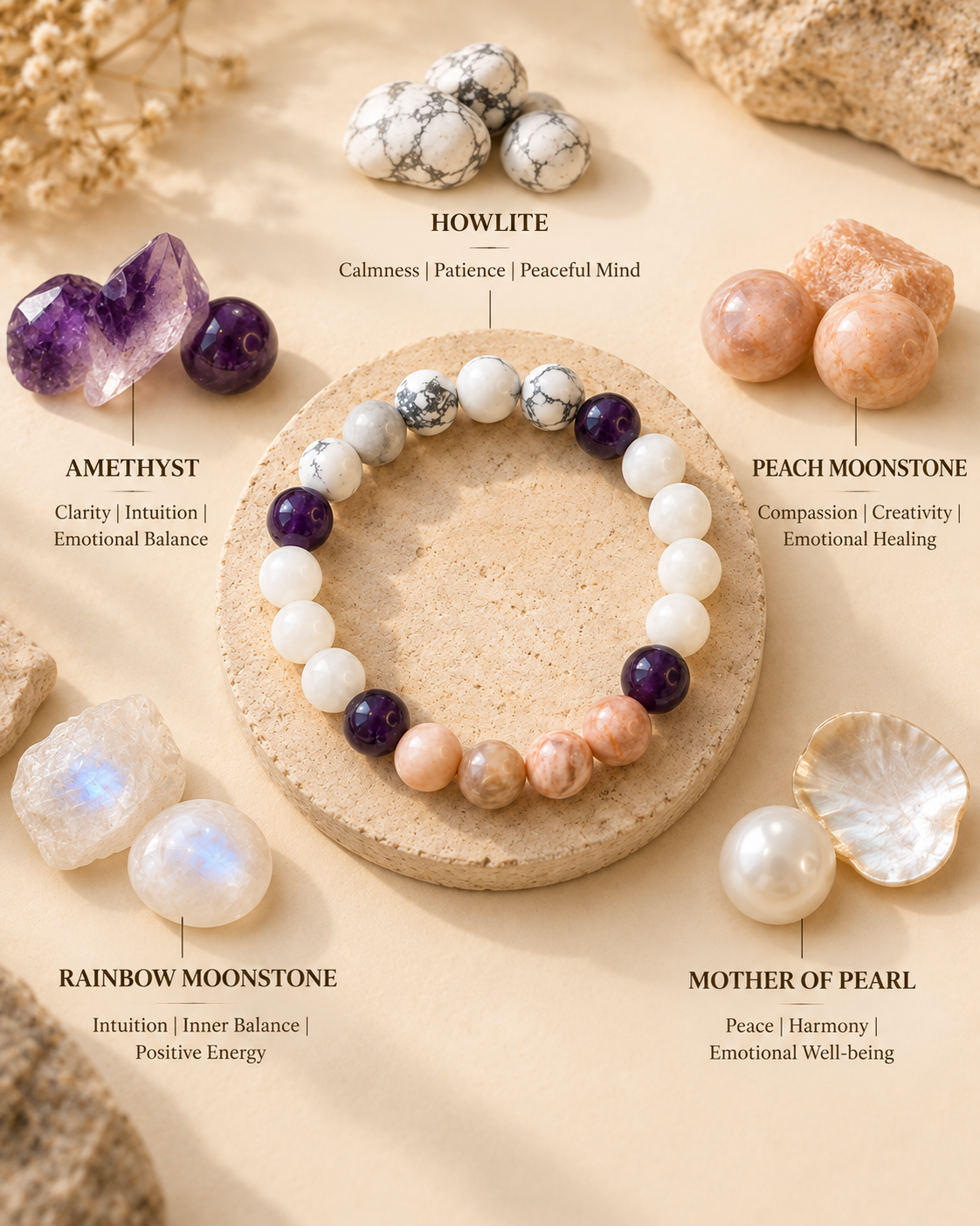 Moolank 2 Bracelet – for Birth Dates: 2, 11, 20 & 29 | Howlite, Amethyst, Moonstone & Mother of Pearl