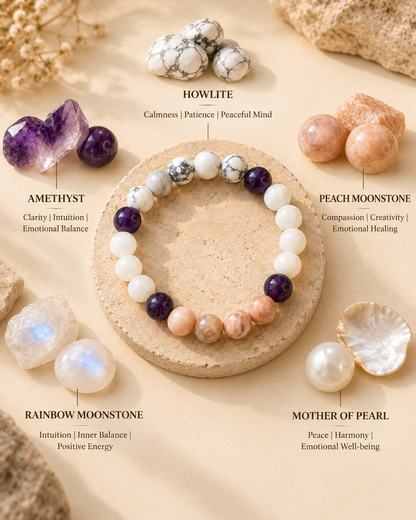 Moolank 2 Bracelet – for Birth Dates: 2, 11, 20 & 29 | Howlite, Amethyst, Moonstone & Mother of Pearl