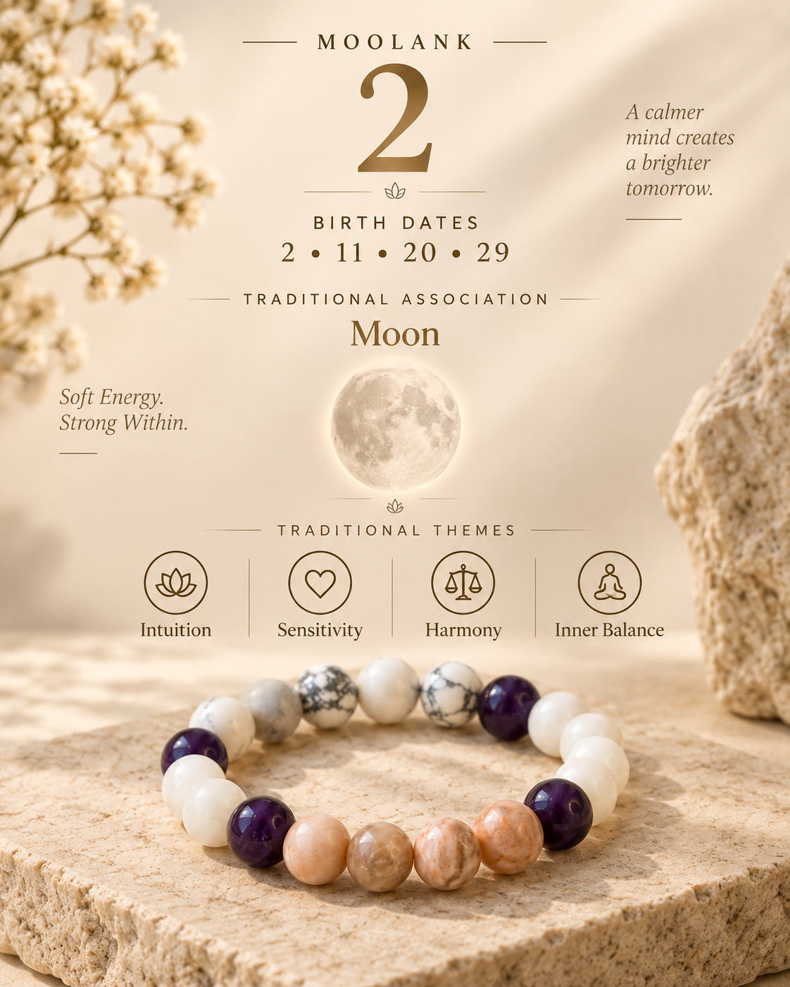 Moolank 2 Bracelet – for Birth Dates: 2, 11, 20 & 29 | Howlite, Amethyst, Moonstone & Mother of Pearl