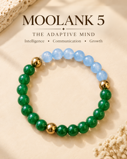 Moolank 5 Bracelet – For Birth Dates 5, 14 & 23 | Green Aventurine, Green Jade, Aquamarine & Golden Pyrite
