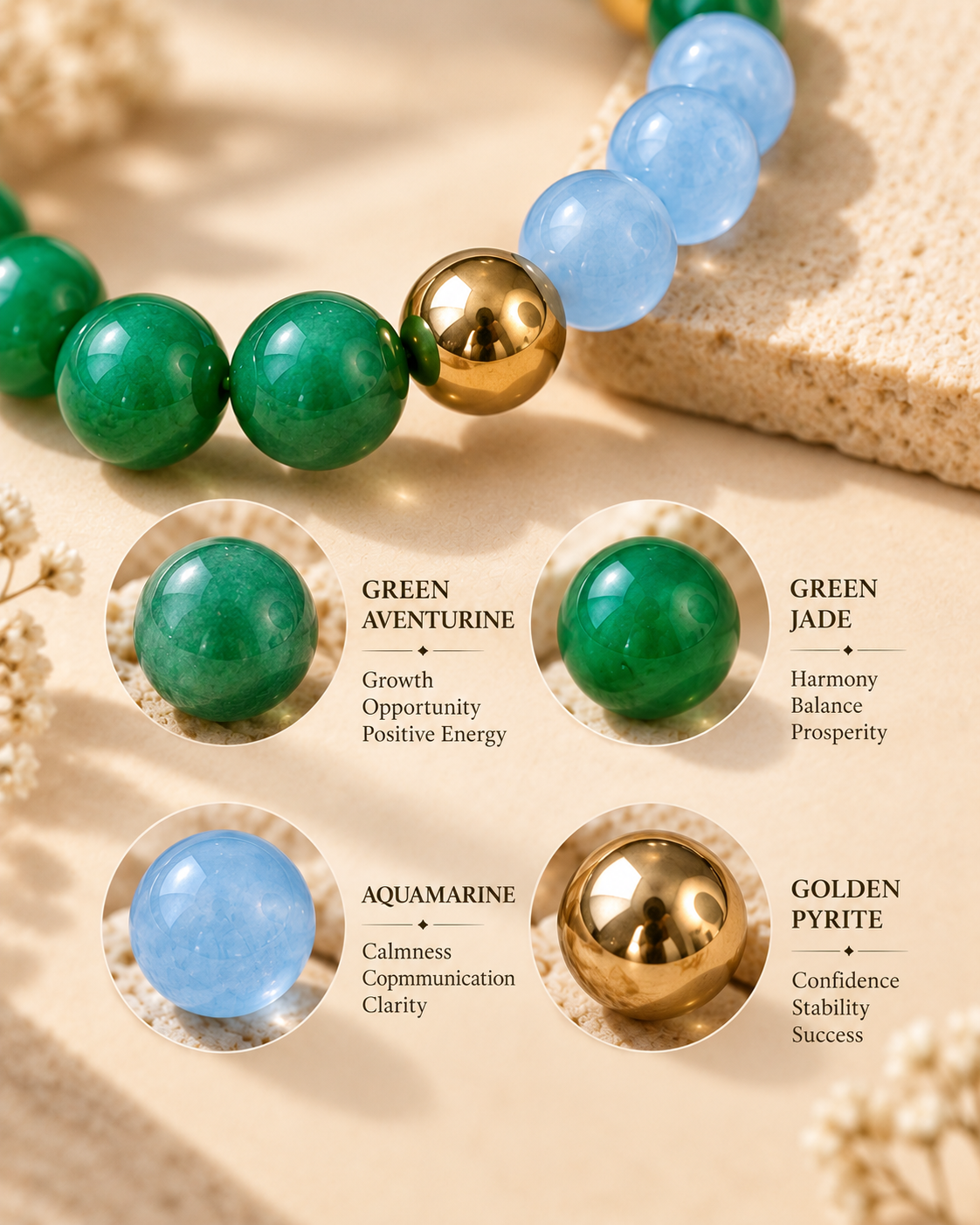 Moolank 5 Bracelet – For Birth Dates 5, 14 & 23 | Green Aventurine, Green Jade, Aquamarine & Golden Pyrite