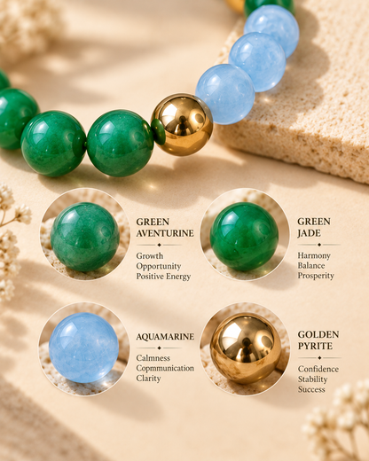 Moolank 5 Bracelet – For Birth Dates 5, 14 & 23 | Green Aventurine, Green Jade, Aquamarine & Golden Pyrite