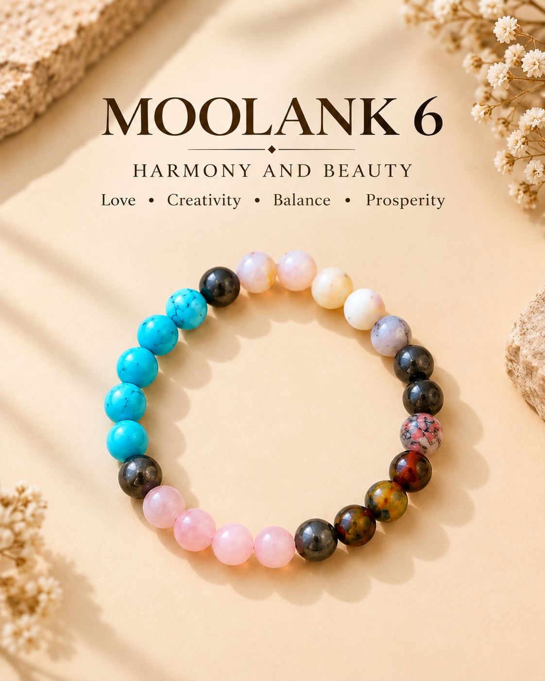 Moolank 6 Bracelet – For Birth Dates 6, 15 & 24 | Opal, Dragon Vein Agate, Rose Quartz, Turquoise & Pyrite