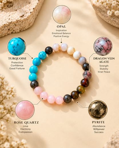 Moolank 6 Bracelet – For Birth Dates 6, 15 & 24 | Opal, Dragon Vein Agate, Rose Quartz, Turquoise & Pyrite