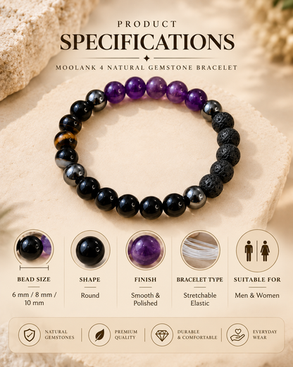 Moolank 4 Bracelet – For Birth Dates 4, 13, 22 & 31 | Black Tourmaline, Amethyst, Hematite & Lava Stone