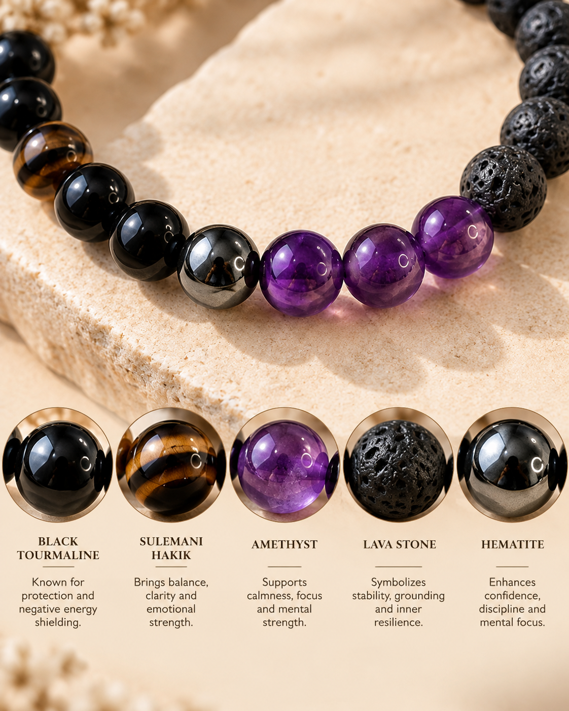 Moolank 4 Bracelet – For Birth Dates 4, 13, 22 & 31 | Black Tourmaline, Amethyst, Hematite & Lava Stone