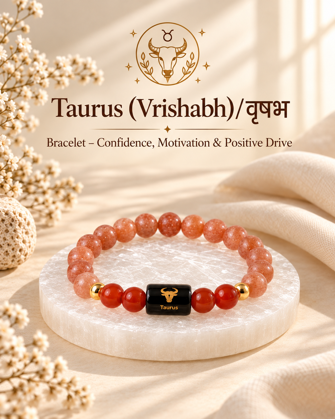 ♉ Taurus Zodiac Bracelet – Confidence, Motivation & Steady Drive | Sunstone & Carnelian