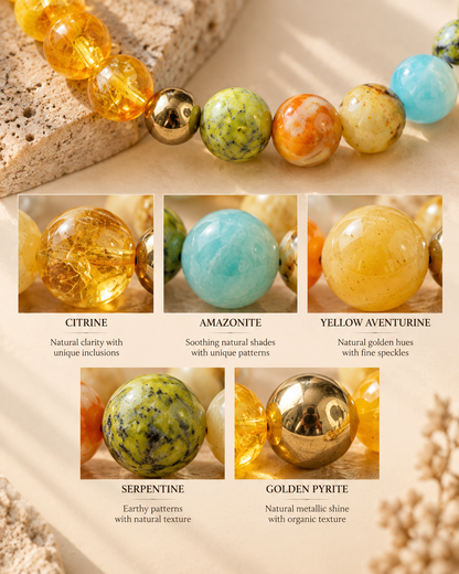 Moolank 3 Bracelet – For birth dates 3, 12, 21 & 30 | Citrine, Amazonite, Yellow Aventurine & Pyrite