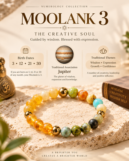 Moolank 3 Bracelet – For birth dates 3, 12, 21 & 30 | Citrine, Amazonite, Yellow Aventurine & Pyrite