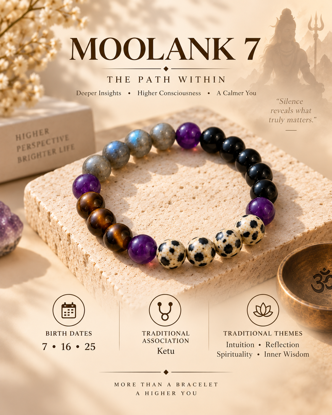 Moolank 7 Bracelet – For Birth Dates 7, 16 & 25 | Cat’s Eye, Black Obsidian, Smoky Quartz, Dalmatian Jasper & Amethyst