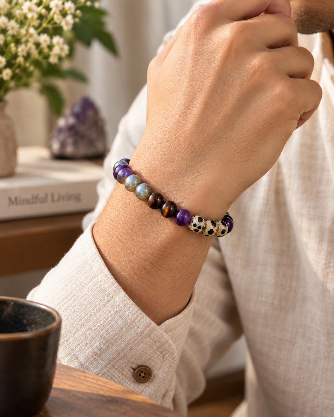Moolank 7 Bracelet – For Birth Dates 7, 16 & 25 | Cat’s Eye, Black Obsidian, Smoky Quartz, Dalmatian Jasper & Amethyst