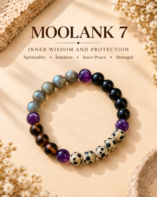 Moolank 7 Bracelet – For Birth Dates 7, 16 & 25 | Cat’s Eye, Black Obsidian, Smoky Quartz, Dalmatian Jasper & Amethyst