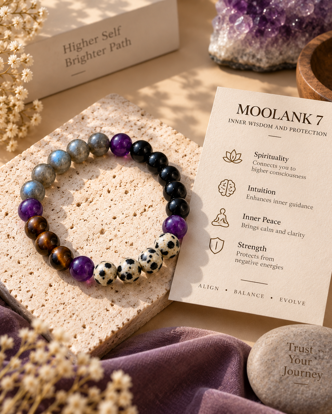 Moolank 7 Bracelet – For Birth Dates 7, 16 & 25 | Cat’s Eye, Black Obsidian, Smoky Quartz, Dalmatian Jasper & Amethyst