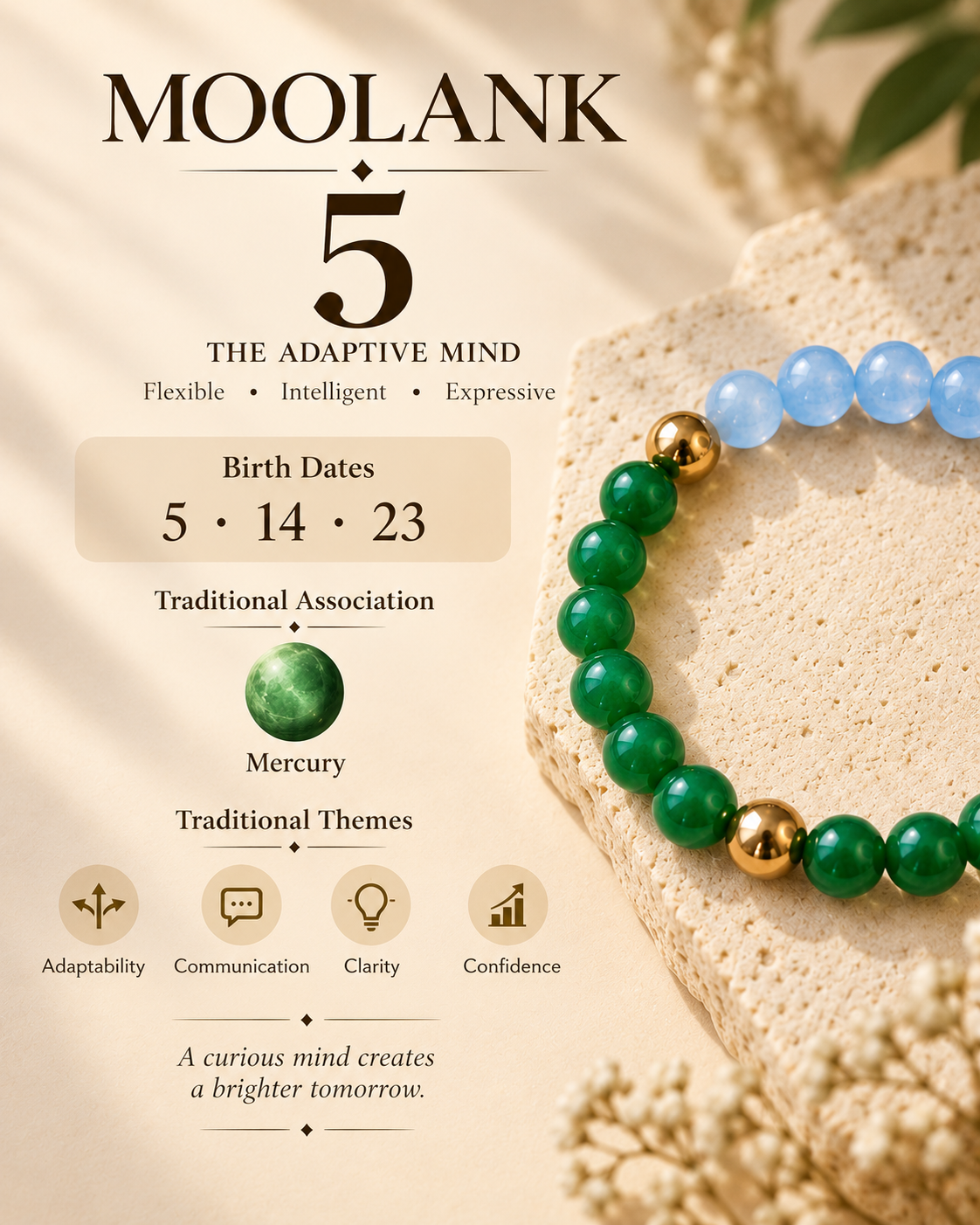 Moolank 5 Bracelet – For Birth Dates 5, 14 & 23 | Green Aventurine, Green Jade, Aquamarine & Golden Pyrite