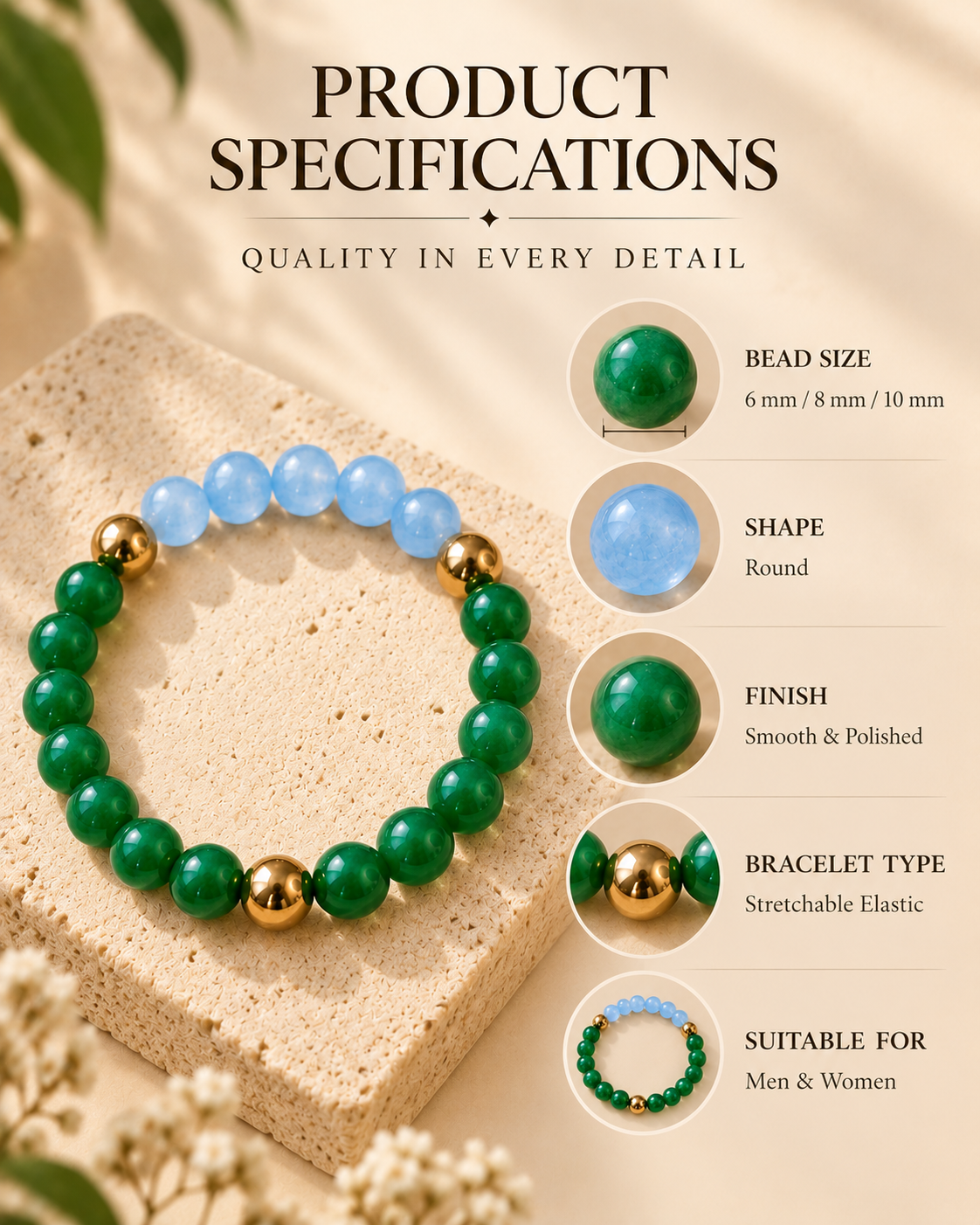 Moolank 5 Bracelet – For Birth Dates 5, 14 & 23 | Green Aventurine, Green Jade, Aquamarine & Golden Pyrite